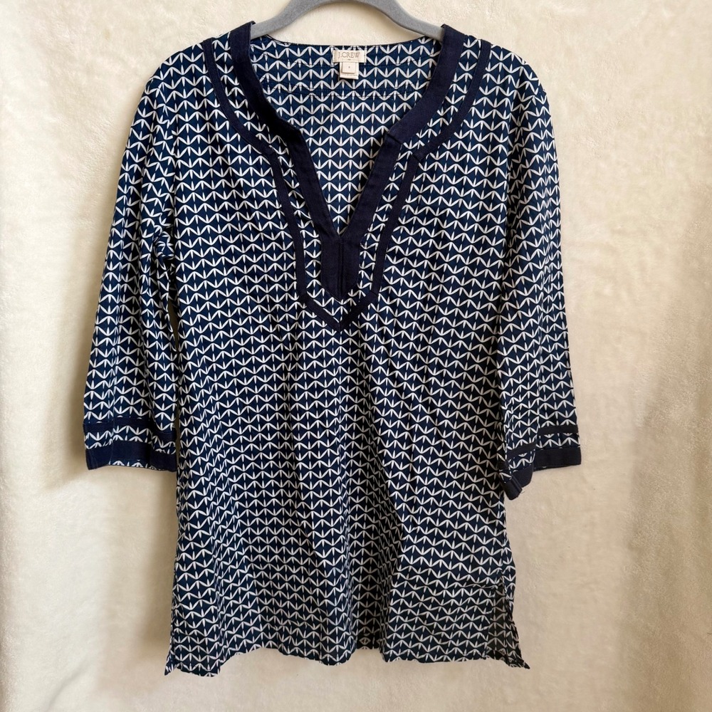 J.Crew Women Navy White‎ Geo Print Split Neck 3/4 Sleeve Cotton Tunic Top Sz S